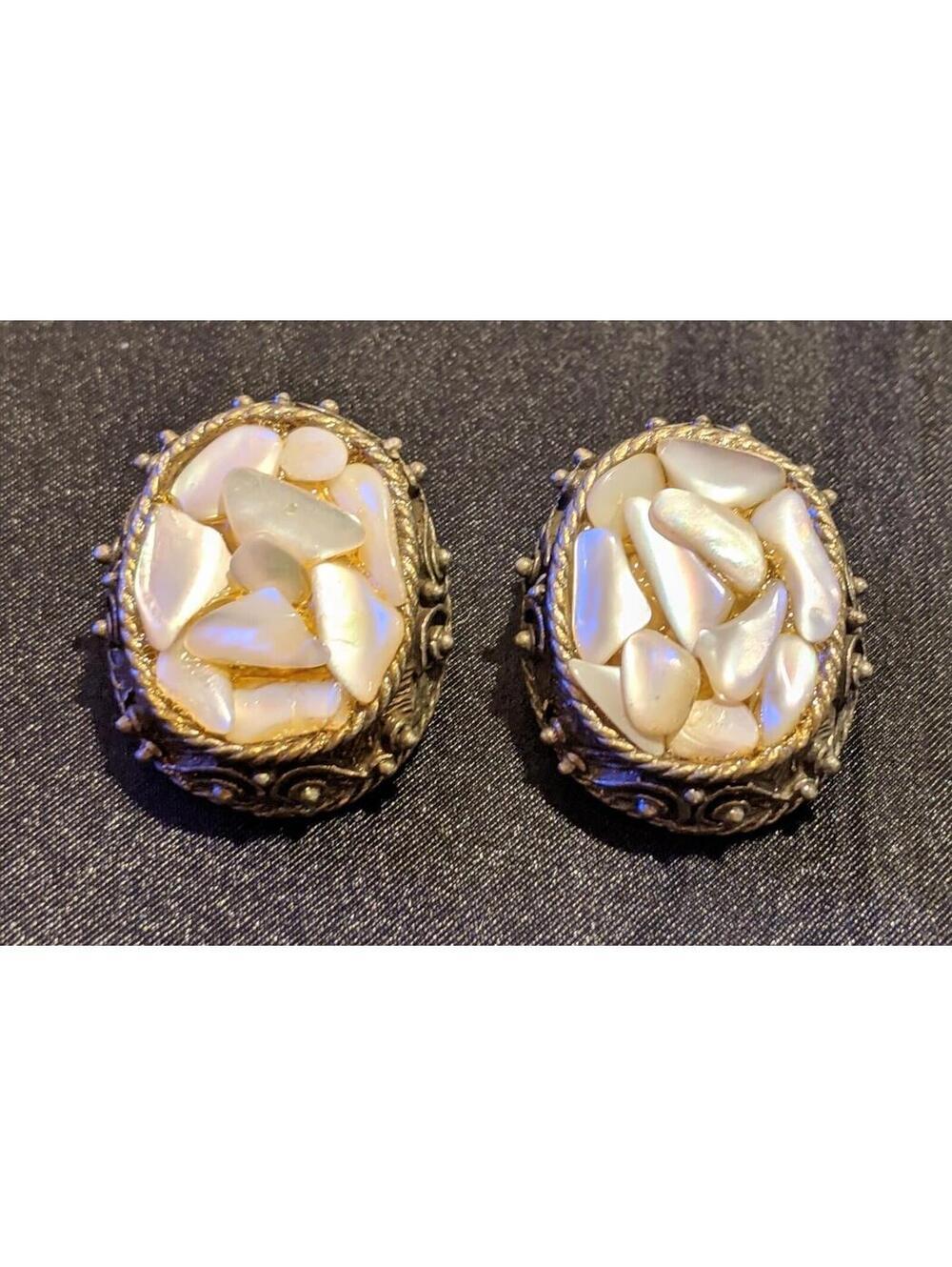 Vintage Mother of Pearl Clip Earrings Inlaid Chips Unusual Setting